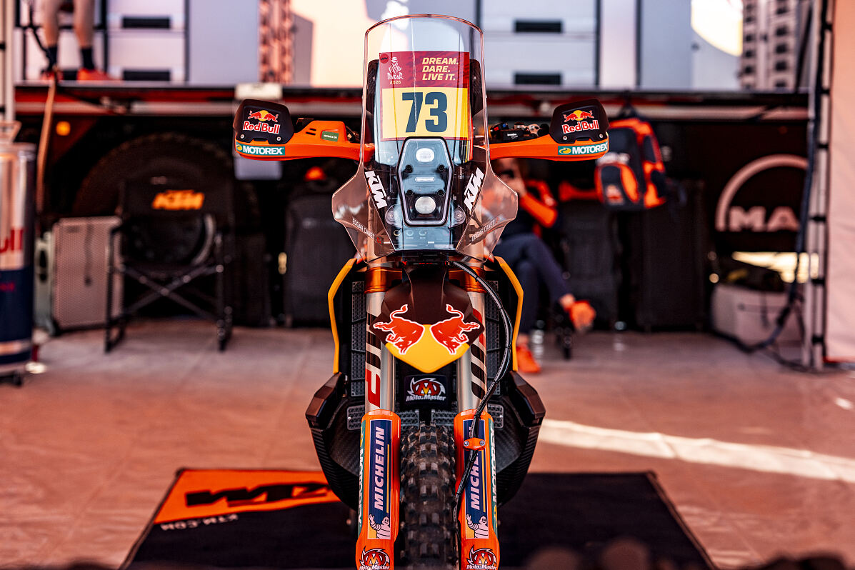 KTM rally motorcycle at a service point during the Dakar 2026