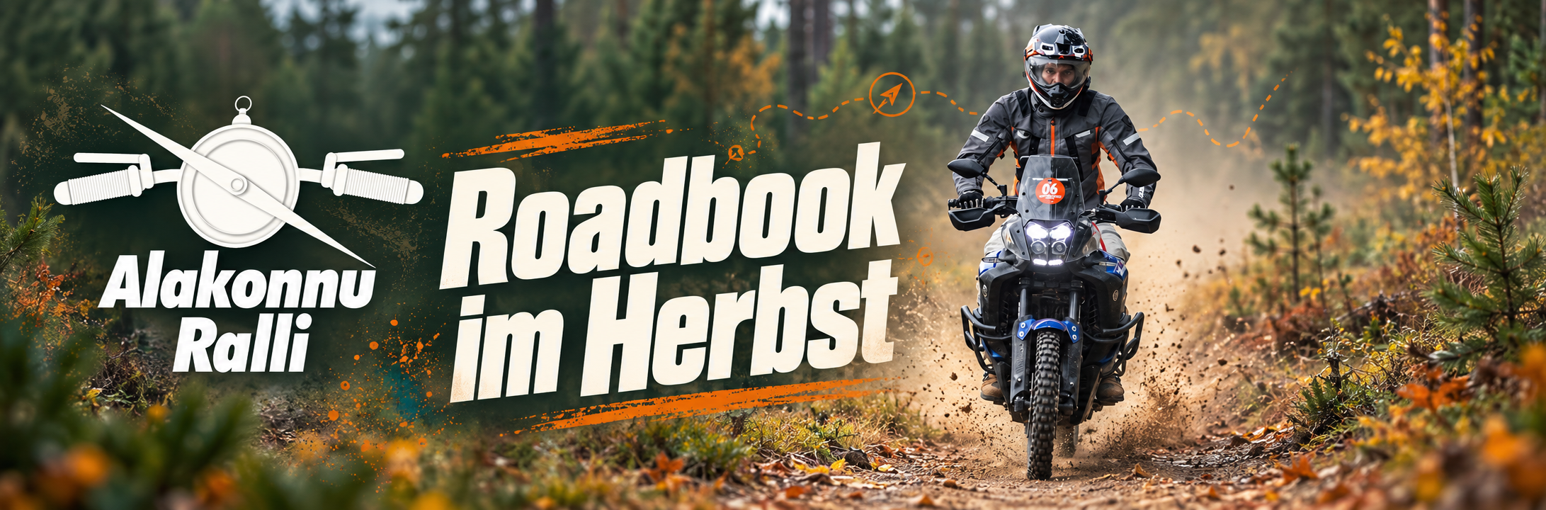 Roadbook rider on a forest track at the Alakonnu Rally in southern Estonia, archive collage with rally logo