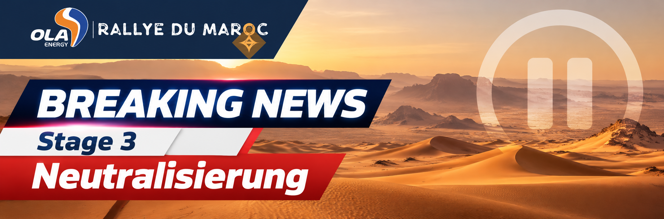 AI-generated symbolic image of a desert landscape with a pause symbol and the Rallye du Maroc logo