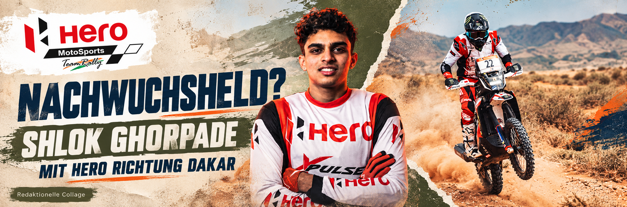 Young Indian rider Shlok Ghorpade of Hero MotoSports, with the Hero rally team in the background