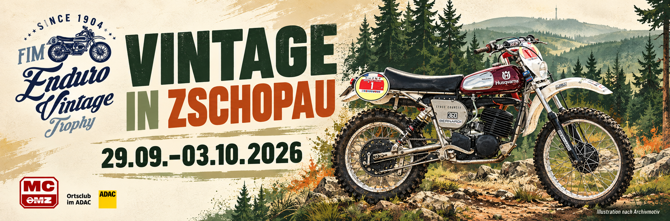 Historic off-road motorcycle in action at a vintage enduro event, illustration for the FIM Enduro Vintage Trophy in Zschopau