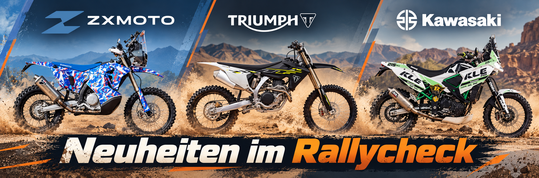 Illustrative collage of the ZXMOTO 450 Rally, Triumph TF 450-X and Kawasaki KLE500 Rally motorcycles