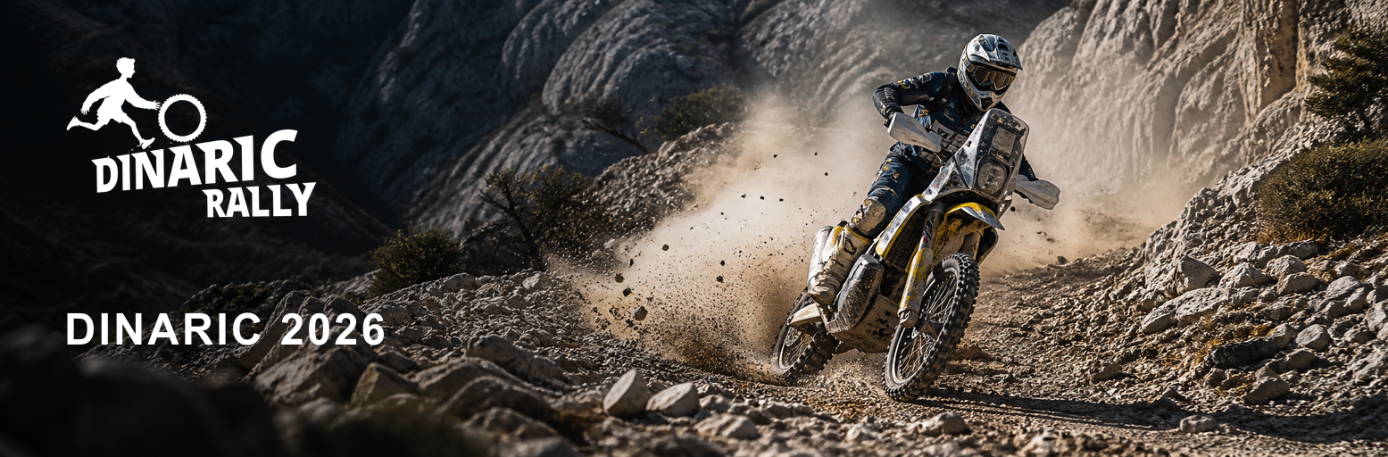 Rally motorcyclist riding through dusty, rocky terrain at the Dinaric Rally 2026 in Croatia
