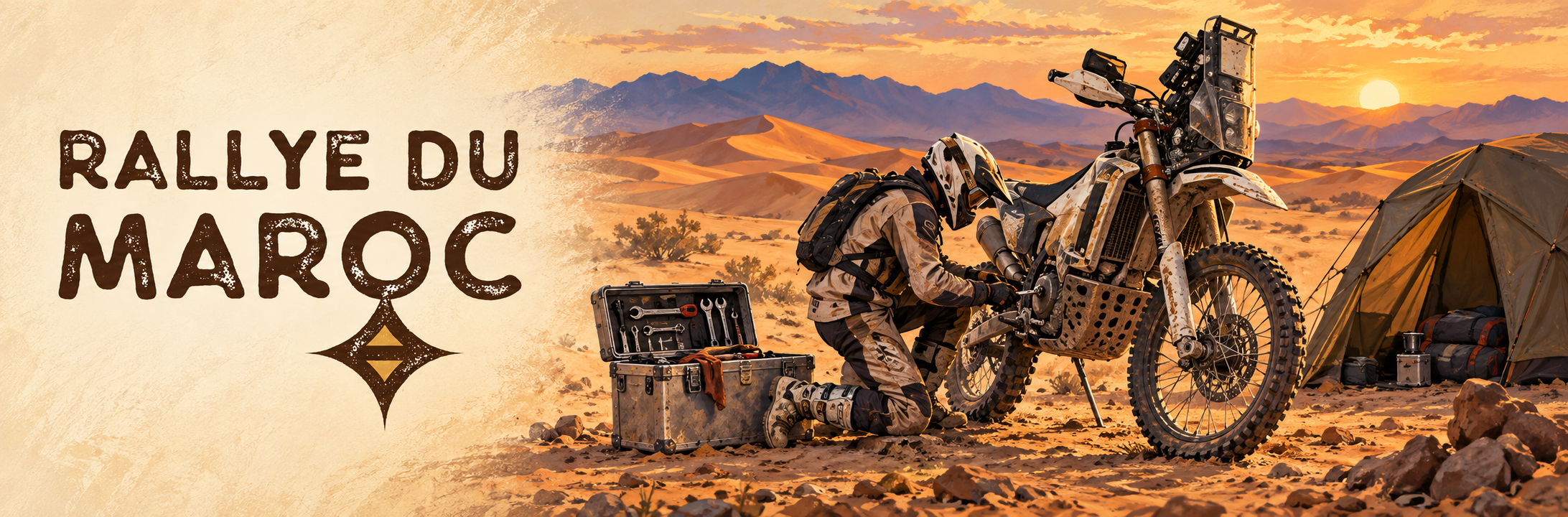 Rally raid motorcycle riding through desert terrain in Morocco, illustrating the Rallye du Maroc 2026 and its new Malle Moto classification