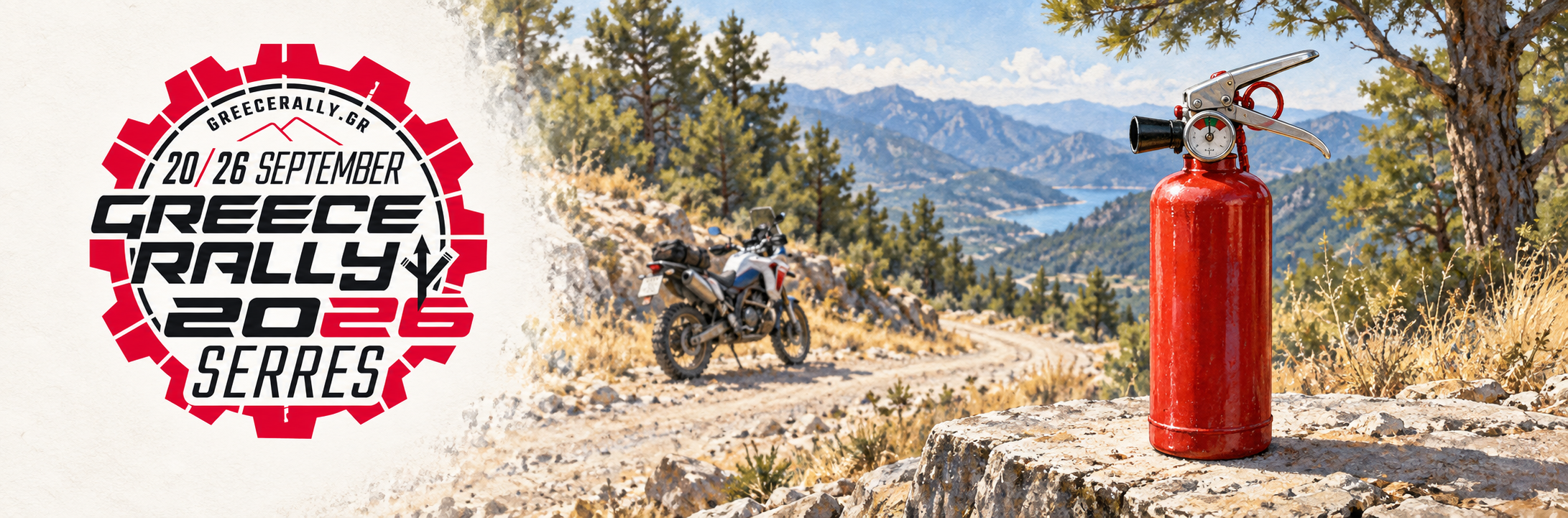 Small fire extinguisher mounted on a rally motorcycle, illustrating fire safety requirements at the Greece Rally