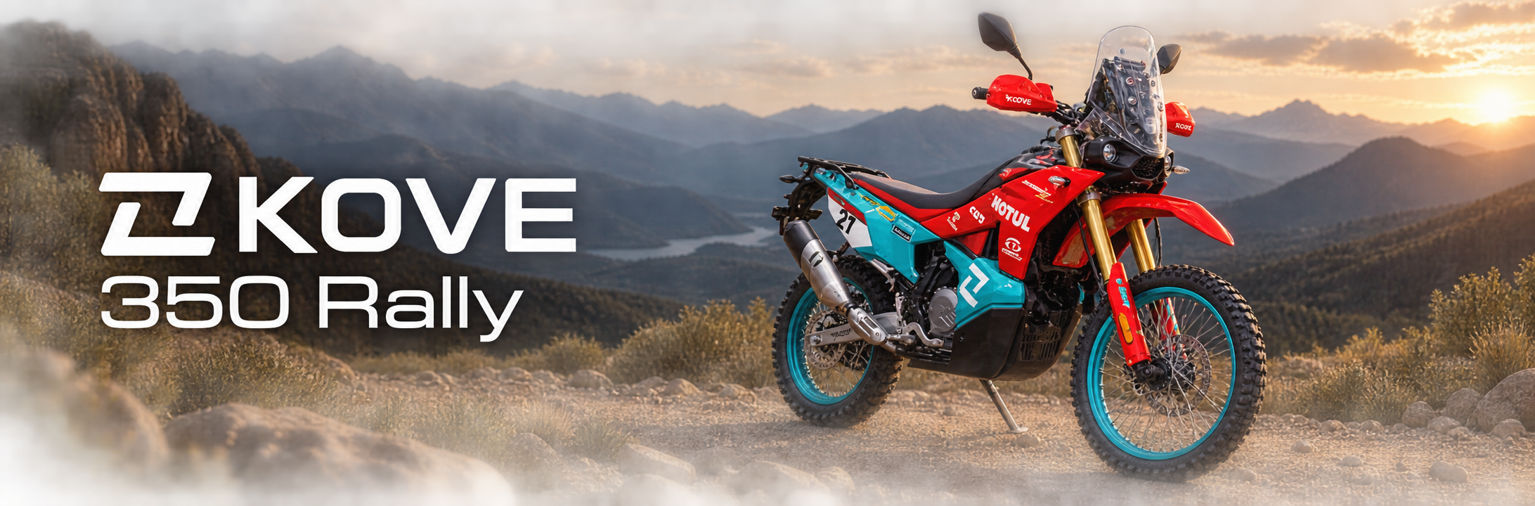 Red and turquoise KOVE 350 Rally adventure motorcycle with tall fairing and knobbly tyres on a gravel track