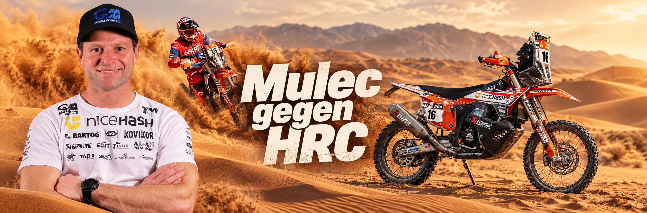 Toni Mulec on his KTM rally bike in a desert scene, an AI-assisted collage