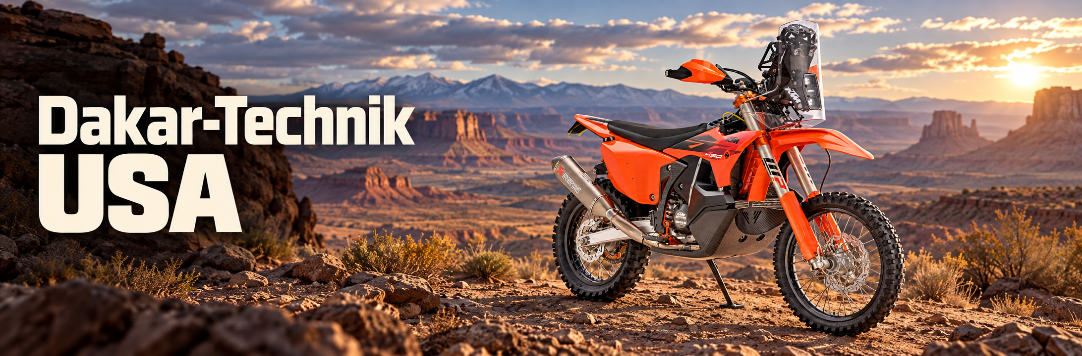 Illustration of an orange KTM 450 Rally Replica rally bike in a desert landscape