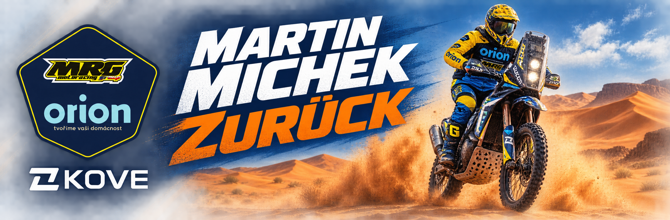 Symbolic illustration of a rally motorcycle with ORION-MRG and KOVE branding for Martin Michek's return to ORION