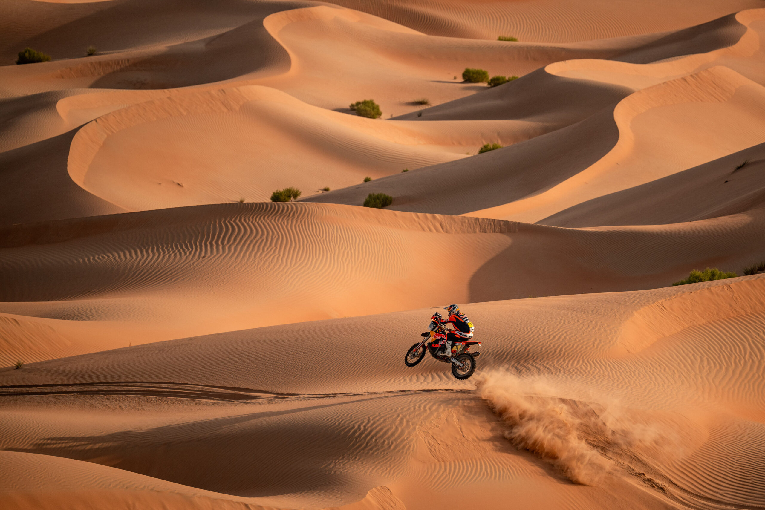 Rallye-Motorrad springt über eine Sanddüne in der Wüste von Abu Dhabi