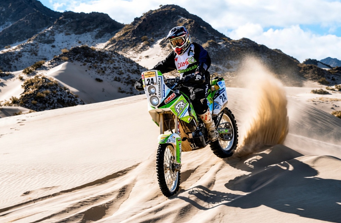 Rally rider on a green Kawasaki with number 24 crossing a sand dune in front of mountains