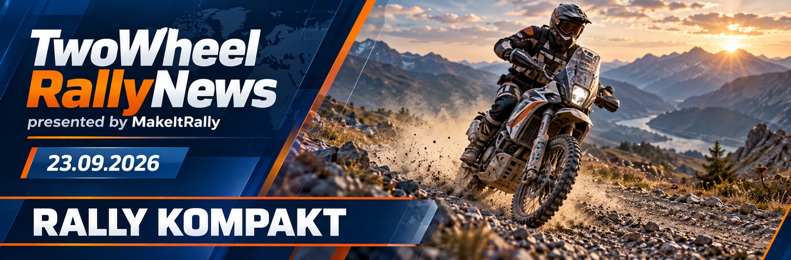 Rally raid motorcycle riding through a desert landscape, illustrating a compact roundup of rally news