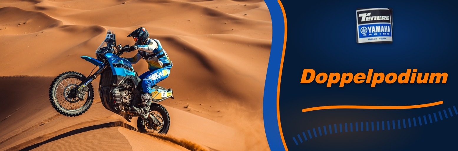 Kevin Gallas auf der blauen Yamaha Ténéré 700 Rally mit Startnummer 71 in den Sanddünen Marokkos