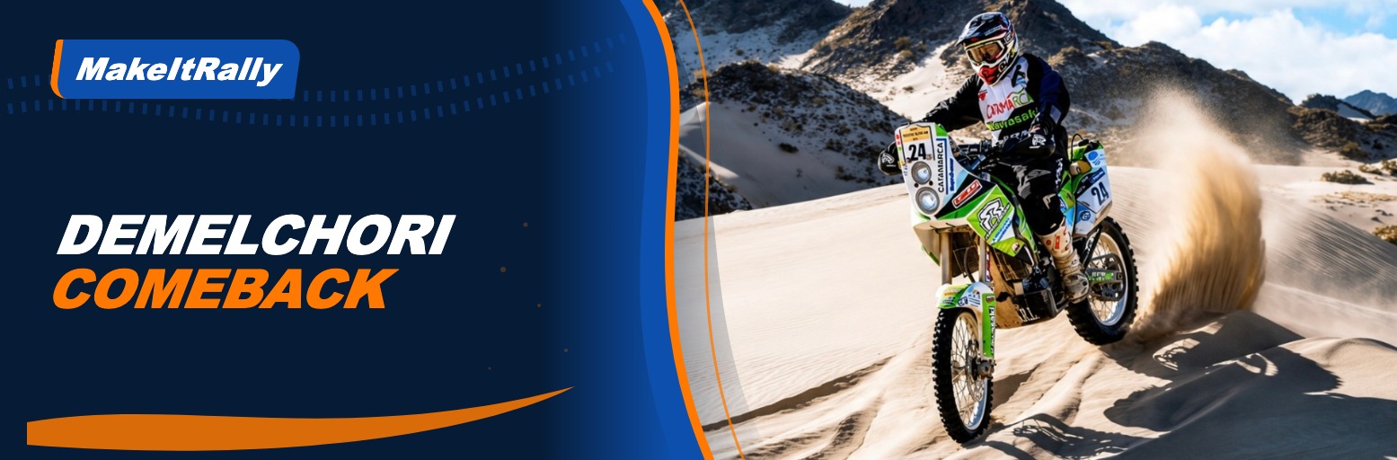 Rallyefahrer mit grüner Kawasaki und Startnummer 24 fährt über eine Sanddüne vor Bergen