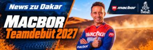 Official MACBOR announcement graphic showing rider Gerard Farr&eacute;s for the team's Dakar 2027 motorcycle entry