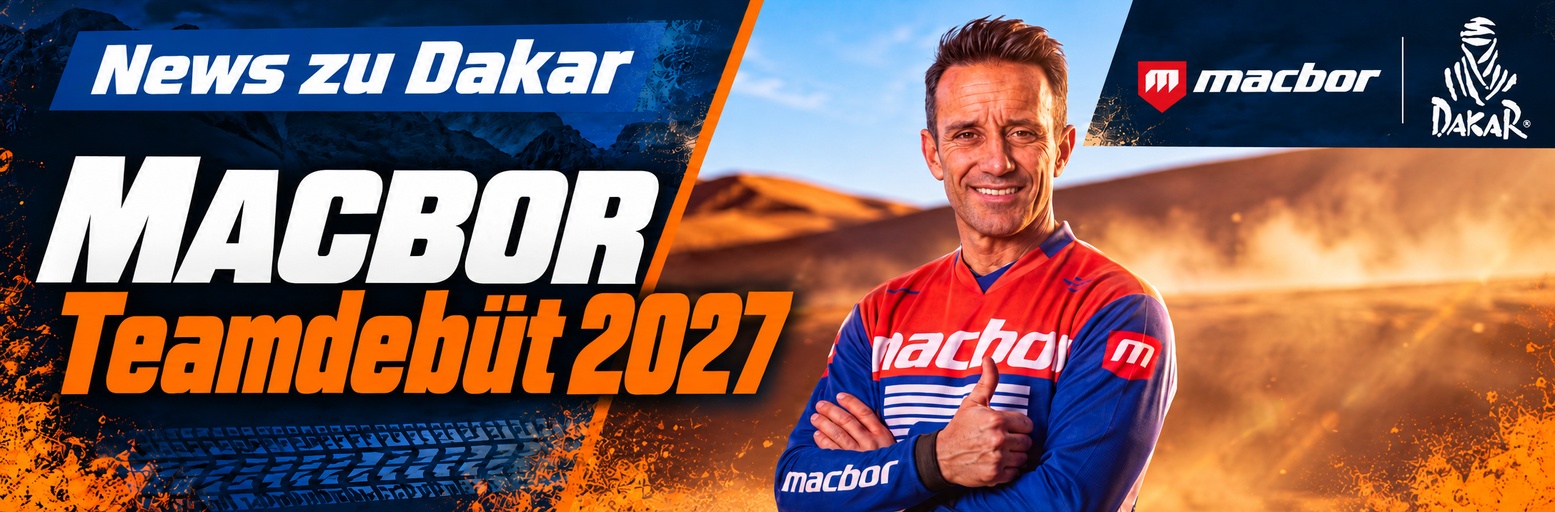 Official MACBOR announcement graphic showing rider Gerard Farrés for the team's Dakar 2027 motorcycle entry