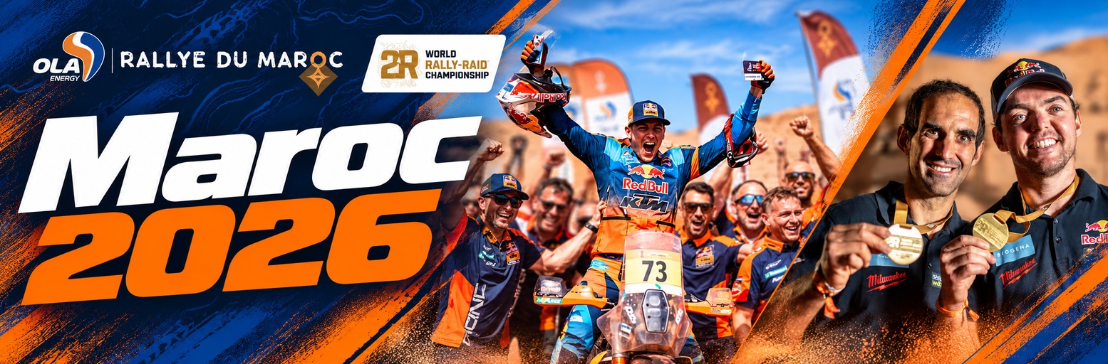 Edgar Canet and the KTM team celebrate his Rallye du Maroc 2026 victory in Morocco.