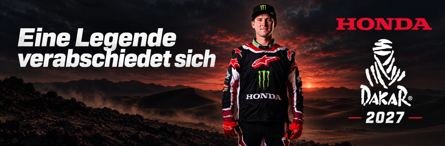 Rally raid motorcyclist riding through a desert landscape, illustrating Ricky Brabec's farewell announcement