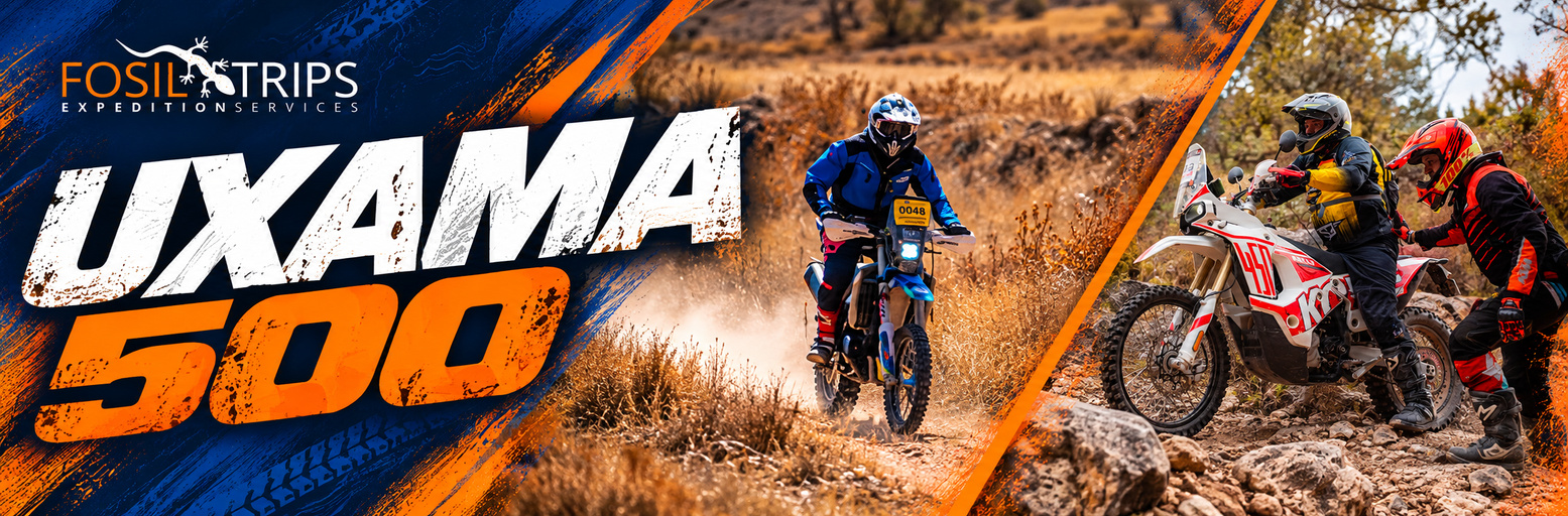 Motorcyclist riding along a dirt track in the Spanish countryside, archive image for the UXAMA 500