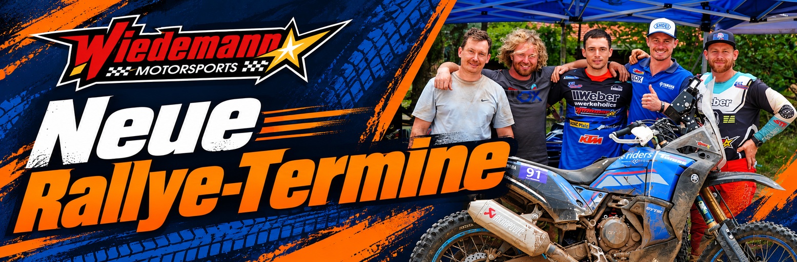 Team group with a Yamaha rally bike from Wiedemann Motorsports' rally service