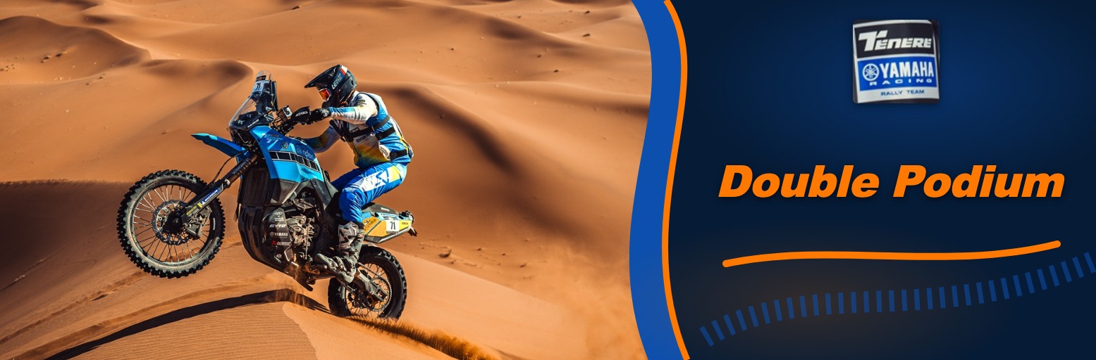 Kevin Gallas on the blue Yamaha Ténéré 700 Rally with number 71 in the sand dunes of Morocco