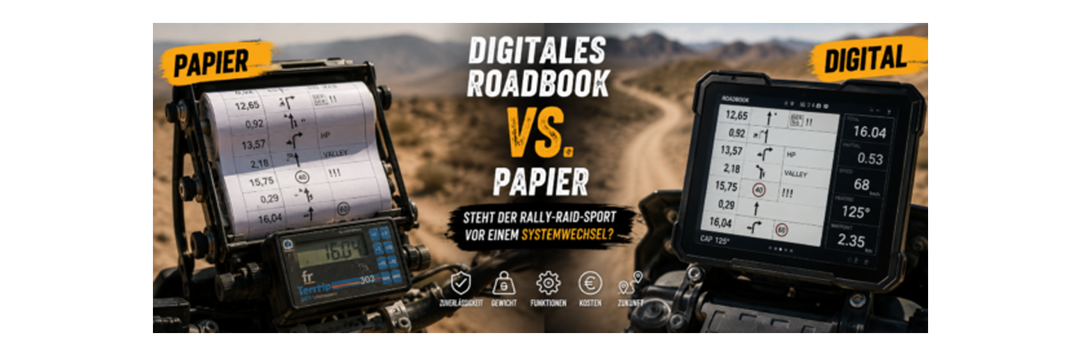 Rally motorcycle cockpit with a roadbook navigation device, illustrating digital versus paper roadbooks