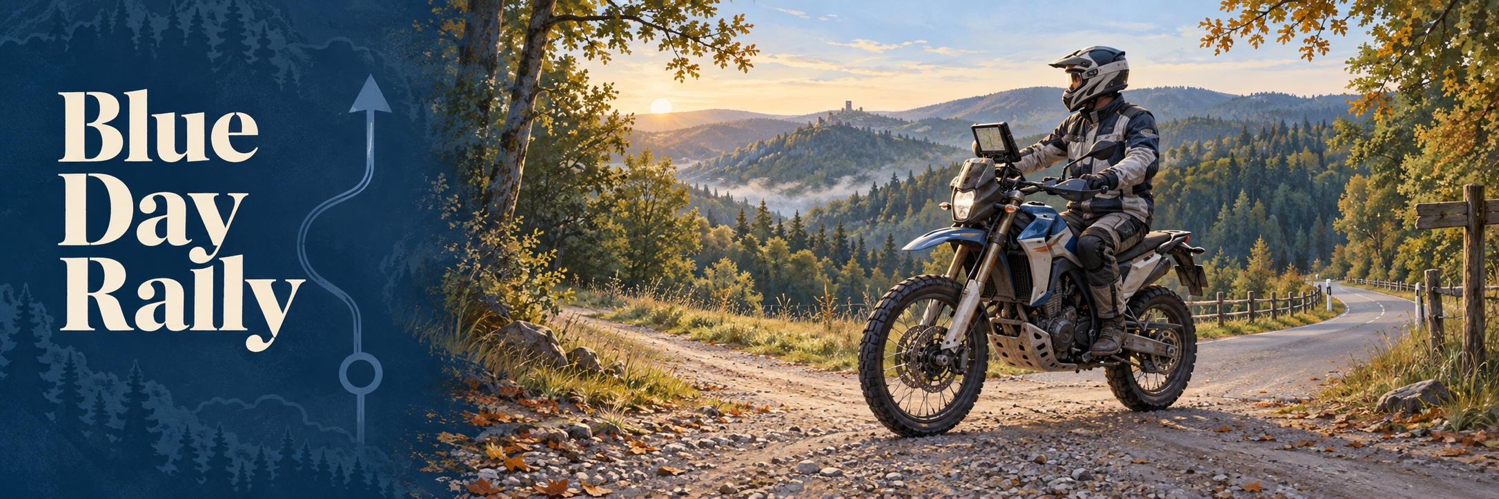 AI illustration of a rider on an adventure motorcycle following a roadbook on a forest track in the Thuringian Forest