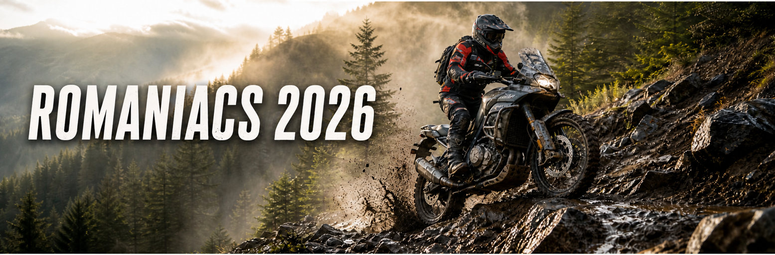 Adventure bike rider tackling a steep hillclimb at the Red Bull Romaniacs 2026 finish arena in Sibiu