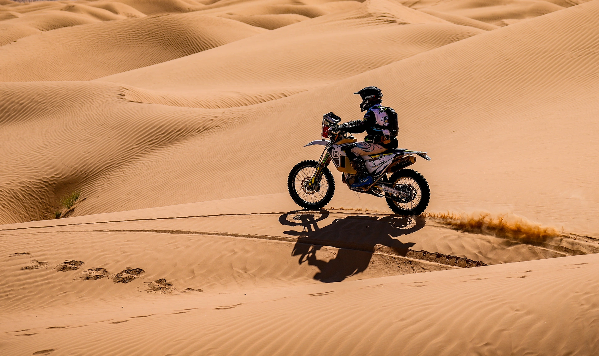 Rally motorcyclist on an enduro bike in a sand dune landscape in Tunisia